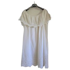 Vestido corto Gas blanco de algodón con encaje sangallo y lentejuelas