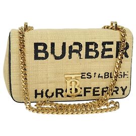 Borsa a spalla Horse Ferry Chain di Burberry in rafia beige e oro Auth bs26785