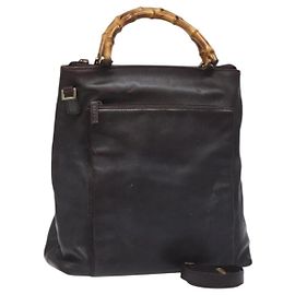 Borsa a mano in pelle GUCCI Bamboo 2 vie marrone scuro oro Auth 121135
