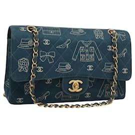 Borsa a spalla in tela matelassé Icon Line di CHANEL, blu navy, oro, CC Auth 127540SV