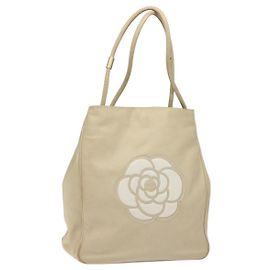 CHANEL Borsa Tote Camelia Pelle di Pecora Beige Oro CC Auth 130498