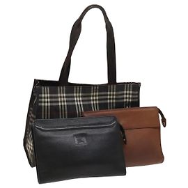 Bolsa de Ombro Burberry Nova Check em Nylon e Couro 3 Conjuntos Preto Marrom Auth bs27232