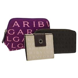 Bulgari Portafoglio BVLGARI Logo Mania in tela di nylon 3 pezzi beige marrone viola Auth bs27235