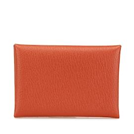 Porte-monnaie Duo Calvi Hermes en cuir chèvre marron - Hermès