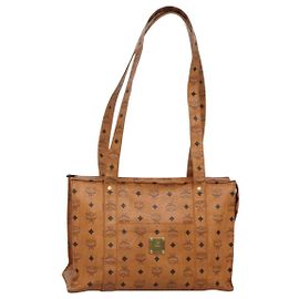 Bolso de Hombro MCM Logogram Vicetos de Cuero PVC Marrón Dorado Auth BA3258