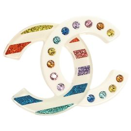 CHANEL COCO Mark Strass-Brosche aus Kunststoff Weiß CC Auth BA3099