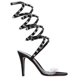 Sandalias de tacón en cuero negro Valentino Garavani Rockstud Wrap Around