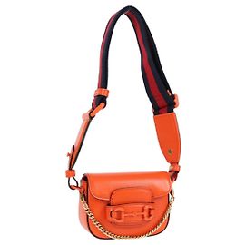 GUCCI Sherry Line Shoulder Bag Leather Orange Red Navy 726863 Auth 127887M