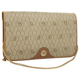 Borsa a spalla in tela a nido d'ape Christian Dior con catena in PVC beige e oro Auth ti3242