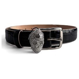 Philipp Plein Cintura media in pelle stampata Croco Skull 80 nera