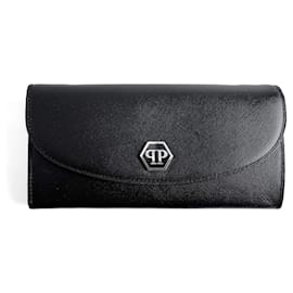 Hexagon Saffiano Leder 2-Wege Geldbörse mit Kette in Schwarz - Philipp Plein