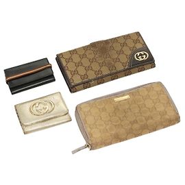 Portafoglio in tela GG Gucci in pelle 4 pezzi nero beige oro Auth ti3271