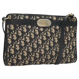 Bolsa de ombro em lona Trotter Christian Dior azul marinho dourada Auth ep9528