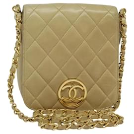 CHANEL Borsa a Spalla Matelassé con Catena in Pelle di Agnello Beige Oro CC Auth BA3639