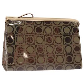 Pochette Gancini in vinile marrone argento autentica Salvatore Ferragamo BA3982
