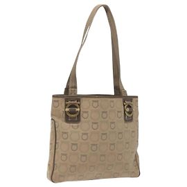 Borsa Tote Gancini in tela beige oro Auth 128743 di Salvatore Ferragamo
