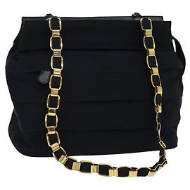 Borsa a spalla a catena Salvatore Ferragamo in tela blu navy oro Auth 129418