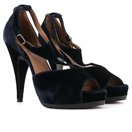 HERMÈS - Sandali con tacco Hermès in velluto blu navy (T37,5)