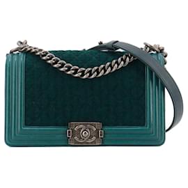 CHANEL - Borsa a spalla Chanel Boy in tweed blu anatra e pelle