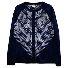 HERMÈS - Cárdigan Hermès Les Rubans du Cheval en seda y cachemira azul marino (tamaño 34)