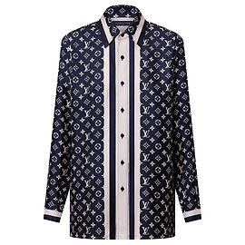LOUIS VUITTON - Chemise de pyjama Monogram Louis Vuitton en soie bleu marine et blanche (T36)