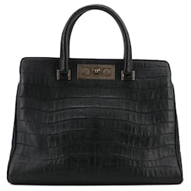 SAINT LAURENT - Saint Laurent Trois Clous Handtasche aus schwarzem, krokodilgeprägtem Leder
