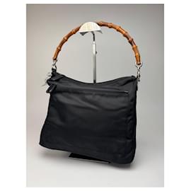 Borsa in tela vintage Gucci con manico in bambù nero