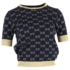 Gucci GG Lamé Top aus navyblauer Baumwolle