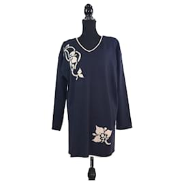 Escada blauer Wollpullover aus den 80ern mit Blumenmuster