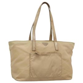 PRADA Tote Bag Nylon Beige Silber Auth bs27839