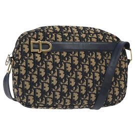 Borsa a Spalla in Tela Trotter Christian Dior Blu Navy Oro Auth 128360