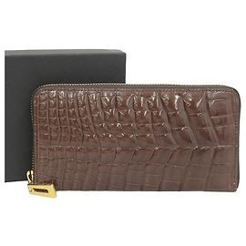 Autre Marque Crocodile Leather Round Zipper Wallet Dark Brown