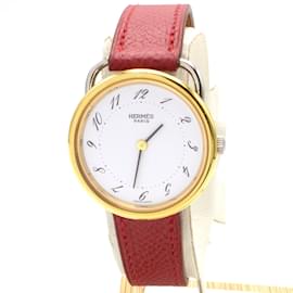 Hermès Arceau watch steel and gold plated with red leather strap