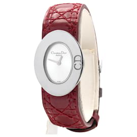 Dior Uhr Stahl Silbernes Zifferblatt Rotes Lederarmband