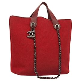 CHANEL Borsa a Spalla Matelassé con Catena in Lana 2 in 1 Rossa CC Auth 127480