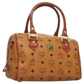 Borsa MCM Logogram Vicetos in pelle PVC marrone e oro Auth th6169