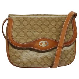 Céline Borsa a Spalla in Tela Macadam CELINE Beige Oro Auth 127903