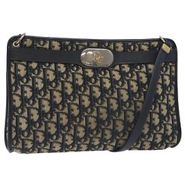 Borsa a Spalla in Tela Trotter Christian Dior Blu Navy Oro Auth 128445
