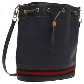 Borsa a Spalla Gucci Micro GG Supreme Sherry Line PVC Blu Navy Oro Auth 125756