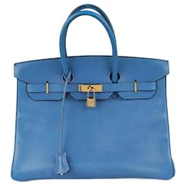 Borsa a mano Hermès Birkin 35 in pelle blu