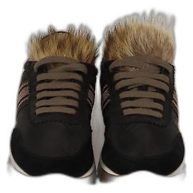 Schwarze Ketten- und Pelz-Sneaker von Brunello Cucinelli