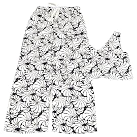 Conjunto de top sem mangas com decote em V estampado floral creme/azul escuro e calças retas com cordão - Staud