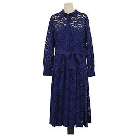 Autre Marque Navyblaues Midikleid mit langen Ärmeln aus floraler Spitze von CH Carolina Herrera