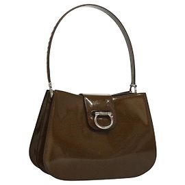 Céline Bolso de Hombro CELINE Cuero Patente Caqui Plata Auth ep9681