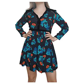 Mini Abito Maje Floreale Maniche Lunghe Viscosa Nero Blu Arancione