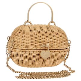 Bolso de hombro de cadena de ratán CHANEL paja beige dorado CC Auth 128491SV