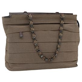 Borsa a Spalla con Catena Salvatore Ferragamo in Tela e Pelle Marrone Argento Auth bs27823