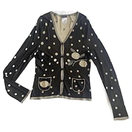 Chanel Weste mit Polka Dots und Kamelie aus Viskose Schwarz Creme