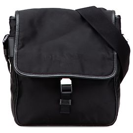 Borsa messenger nera in tessuto con fibbia Prada
