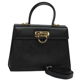 Borsa a mano in pelle Gancini Salvatore Ferragamo 2 in 1 Nero Oro Auth ep9613